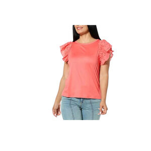 C Wonder by Christian Siriano Women's Eyelet Sleeve Tee Coral - Regular